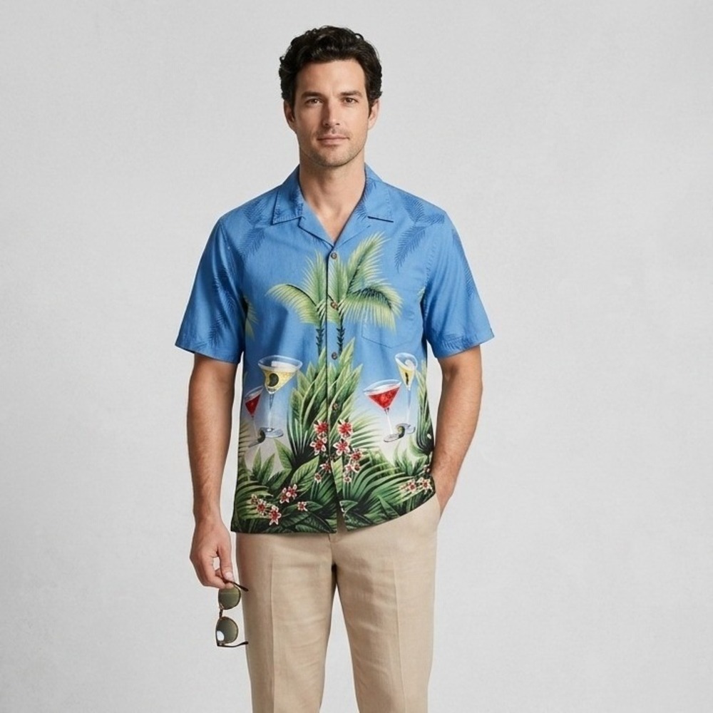 RJC Mens L Hawaiian Shirt Blue Martini Cocktail Palm Tree Made in Hawaii Cotton
